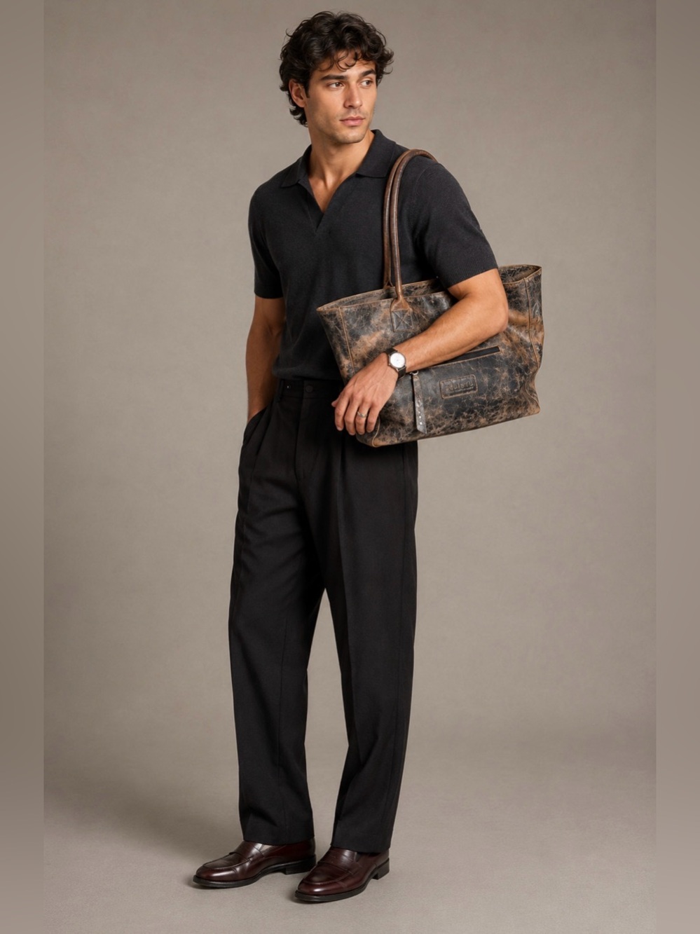 BED STU Men’s Distressed Leather Tote Bag Black Brown Shoulder Carryall
